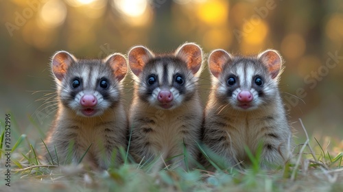 three small brown and white ferrets standing next to each other on a grass covered field with trees in the background.