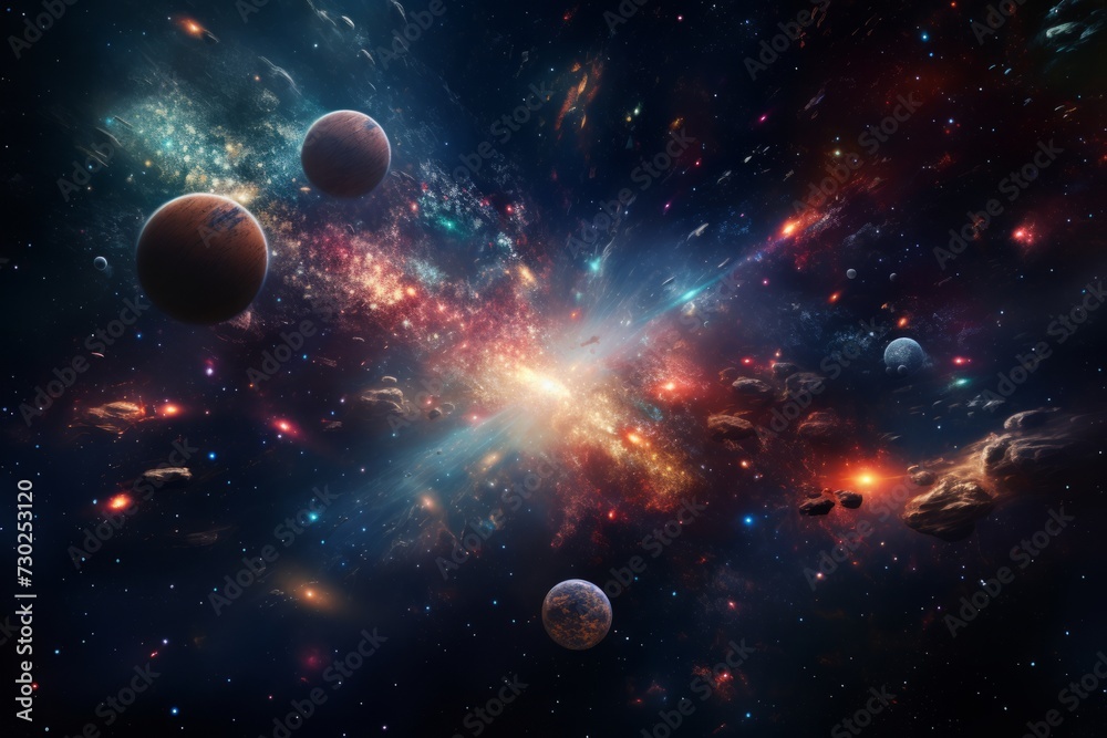 Celestial 3D background with galaxies, stars, and cosmic wonders