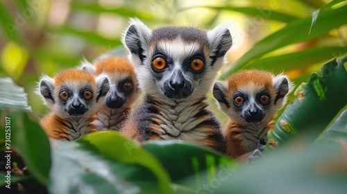 a group of small brown and white lemurs sitting next to each other on top of a lush green plant.