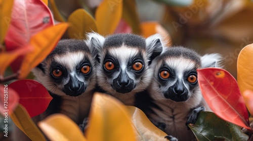 a group of three small animals sitting next to each other on top of a lush green leaf covered forest covered in orange and red leaves. photo