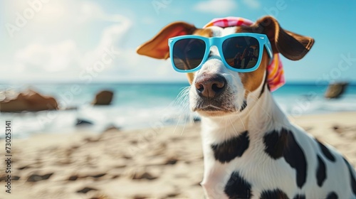 dog with sunglasses on the beach generative ai photo