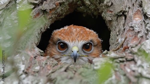 a close up of a bird in a tree looking out of a hole in the bark of a tree trunk. photo