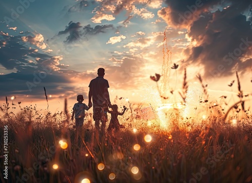 Father and Son Walking Through Field at Sunset