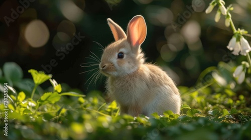 a small rabbit sitting in the middle of a field of grass with a leafy plant in the foreground.