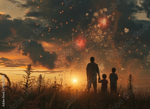 Man and Two Children Watching Fireworks in the Sky
