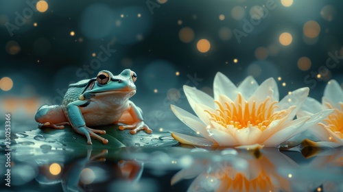 a frog sitting on top of a lily pad next to a white and yellow flower with water droplets on it. © Jevjenijs