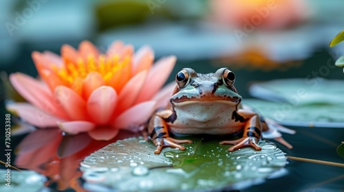 a frog sitting on top of a lily pad with a pink flower in the middle of the pond next to it. photo