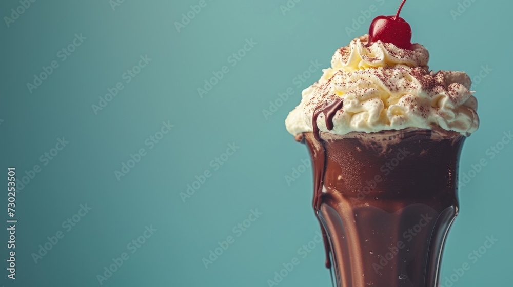 a chocolate milkshake topped with whipped cream and a cherries garnish on a teal background.