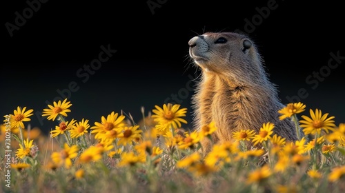 a close up of a groundhog in a field of wildflowers with a dark sky in the background.