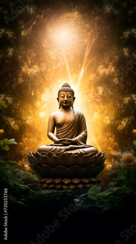 Serene stone statue of Buddha in meditation  enveloped by warm sunset  twinkling stars against a nighttime forest  creates atmosphere. Tranquility  meditation. Transformation  spiritual awakening.