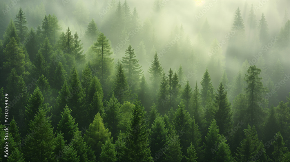 An aerial perspective of a mist-covered pine forest, with sunbeams breaking through at midday, casting dynamic shadows.