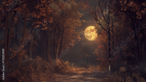A nighttime scene of an autumn forest under the full moon, a subtle glow on the amber foliage, a peaceful stillness in the air.
