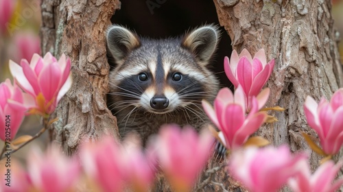 a baby raccoon peeks out of a hole in a tree with pink flowers in the foreground. photo