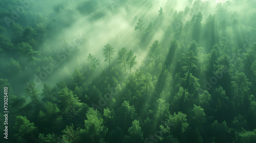 An aerial perspective of a mist-covered pine forest  with sunbeams breaking through at midday  casting dynamic shadows.