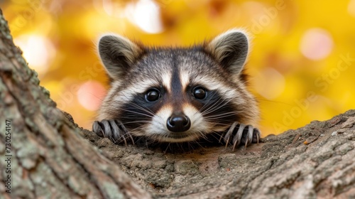 a close up of a raccoon in a tree looking at the camera with a blurry background of leaves.