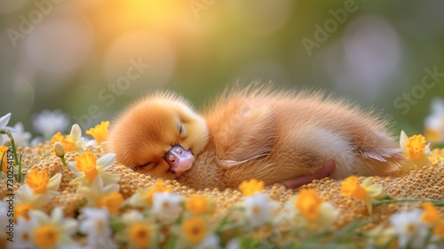 a small duckling laying on top of a field of yellow and white flowers with its head on its back. photo