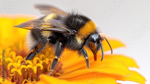 a close up of a bee on a yellow flower with a white back ground and a white back ground behind it. © Jevjenijs