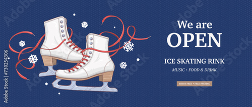 Ice skating rink flyer or horizontal promotion web banner design template. Hand drawn retro ice skate shoes and snowflakes on blue background. Vector illustration