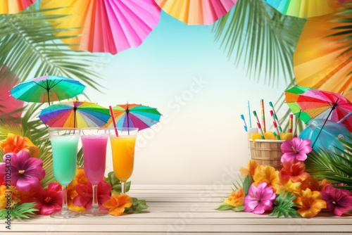Mockup of a tropical cocktail party with colorful drinks  umbrellas  and beach towels