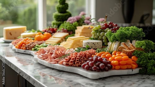 a variety of cheeses, meats, and vegetables are displayed on a white platter on a marble counter.