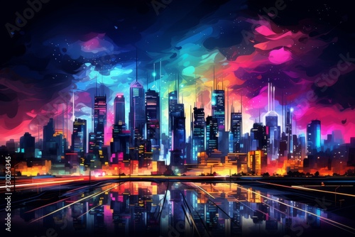Neon city skyline with a vibrant color palette
