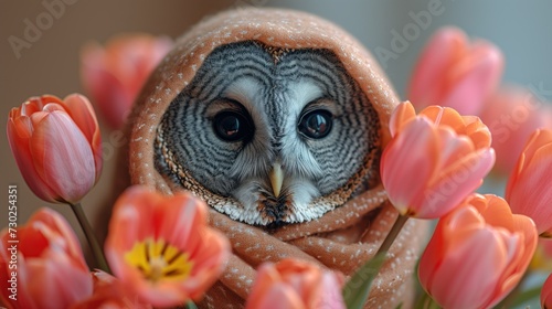 a close up of a bird with a scarf around its neck and a bunch of flowers in front of it. photo
