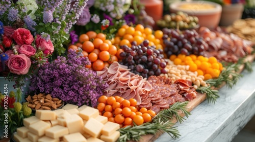 a table topped with lots of different types of fruits and veggies on top of a wooden cutting board.