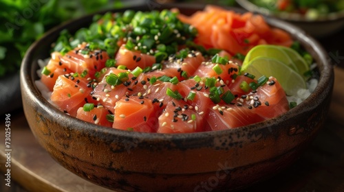 a close up of a bowl of food with broccoli and other foods in the background and a lime wedge on the side.