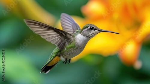 a close up of a hummingbird flying with a yellow flower in the back ground and a blurry background.