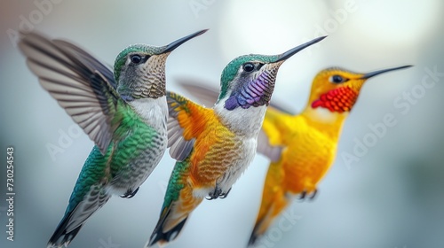 a group of three colorful hummingbirds flying next to each other on a blue and white sky background with one hummingbird in the foreground and the other hummingbird in the foreground.