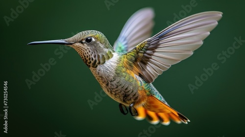 a hummingbird flying in the air with its wings spread and its wings spread wide, with a green background.