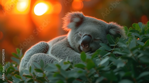a close up of a koala sleeping in a bush with the sun shining through the trees in the background. photo