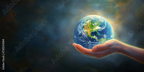 Woman's hand gently cradling the Earth, highlighting sustainable living and ecology.