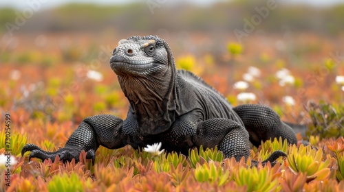 a close up of an iguana in a field of grass and flowers with a sky in the background. photo