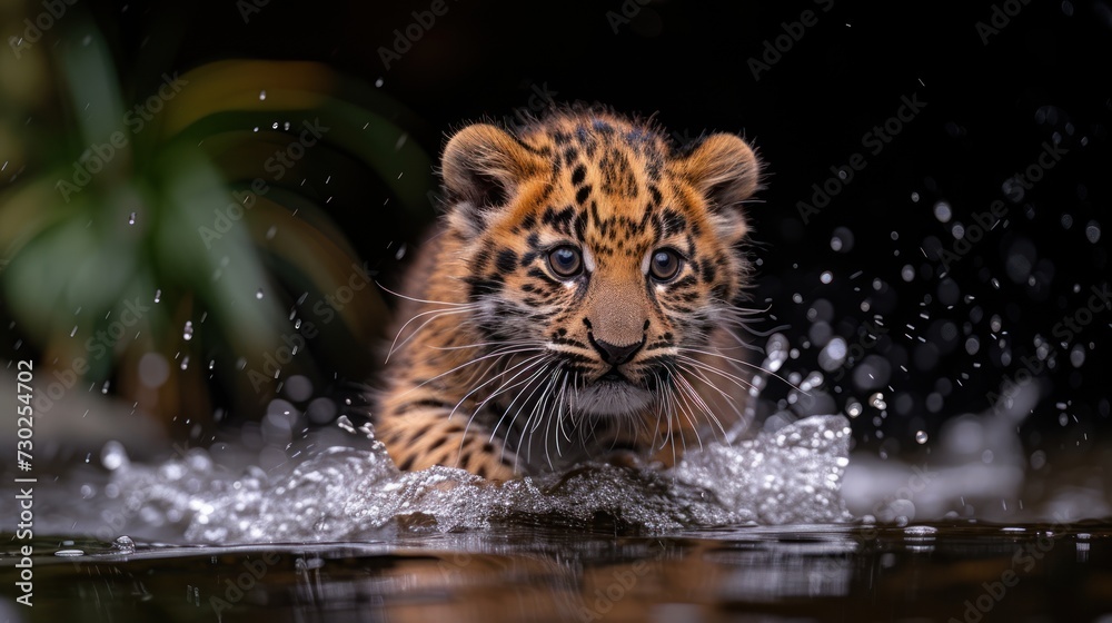 a close up of a small tiger in a body of water with drops of water on it's face.