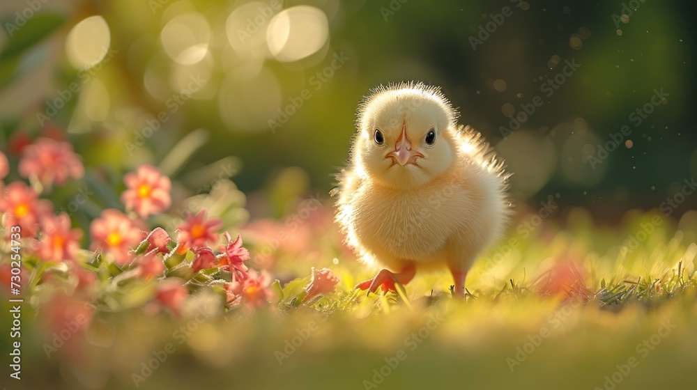a small yellow chicken standing on top of a lush green grass covered field next to a field of pink flowers.