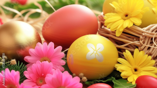 Obraz na płótnie Colorful hand painted Easter eggs on a wooden table with flowers w salonie