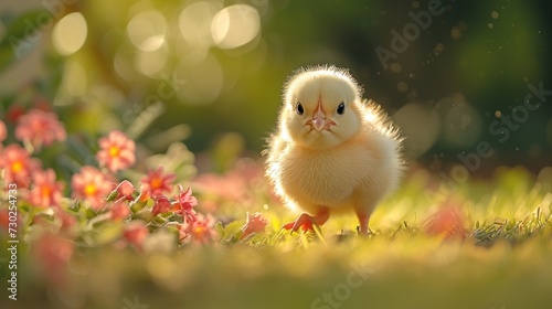 a small yellow chicken standing on top of a lush green grass covered field next to a field of pink flowers. © Jevjenijs