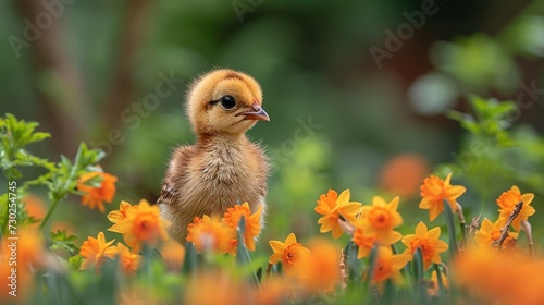 a small duck standing in the middle of a field of orange and yellow flowers with a blurry background of trees and bushes. photo