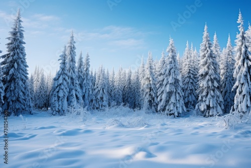 Snowy forest under a clear winter sky background with evergreen trees © KerXing