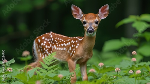 a small deer standing in the middle of a forest filled with tall grass and wildflowers, looking at the camera.