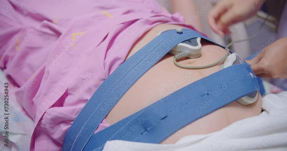 Vidéo Stock Pregnant woman lying in a hospital bed, fetal monitor