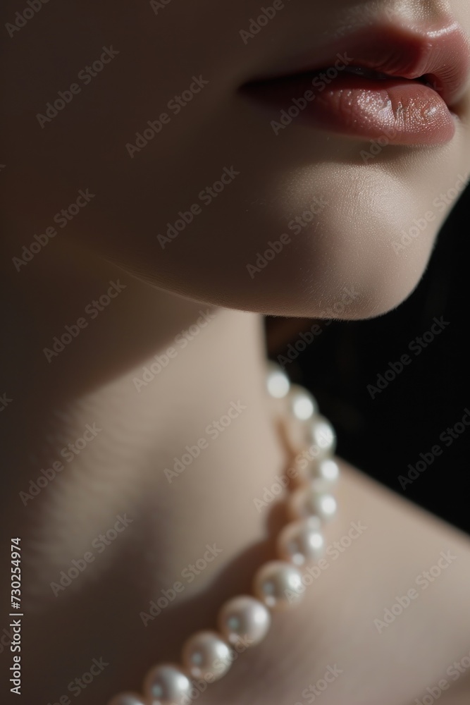 Pearl beads are a luxurious, sophisticated decoration on a young woman’s neck. Quiet luxury concept. 
