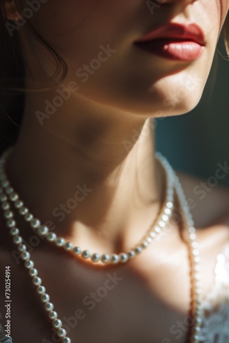 Pearl jewelry is a luxurious, sophisticated decoration on a beautiful woman’s neck