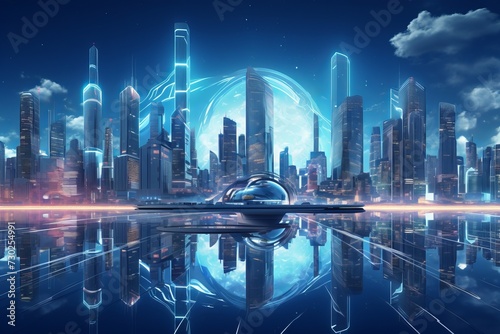 Technological 3D cityscape with futuristic architecture and holographic displays