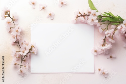 Whimsical spring mockup of a blank card with flowers and a ribbon for a personal touch