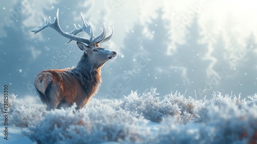 a deer standing in the middle of a snow covered field with trees in the background and snow flakes on the ground. photo