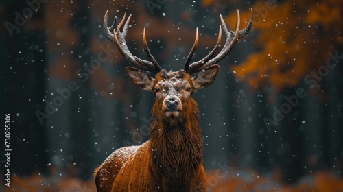 a close up of a deer with large antlers on it's head and a forest in the background.