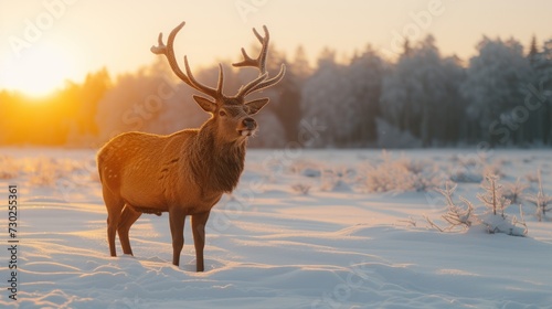 a deer standing in the middle of a snow covered field with the sun setting in the background and trees in the foreground.