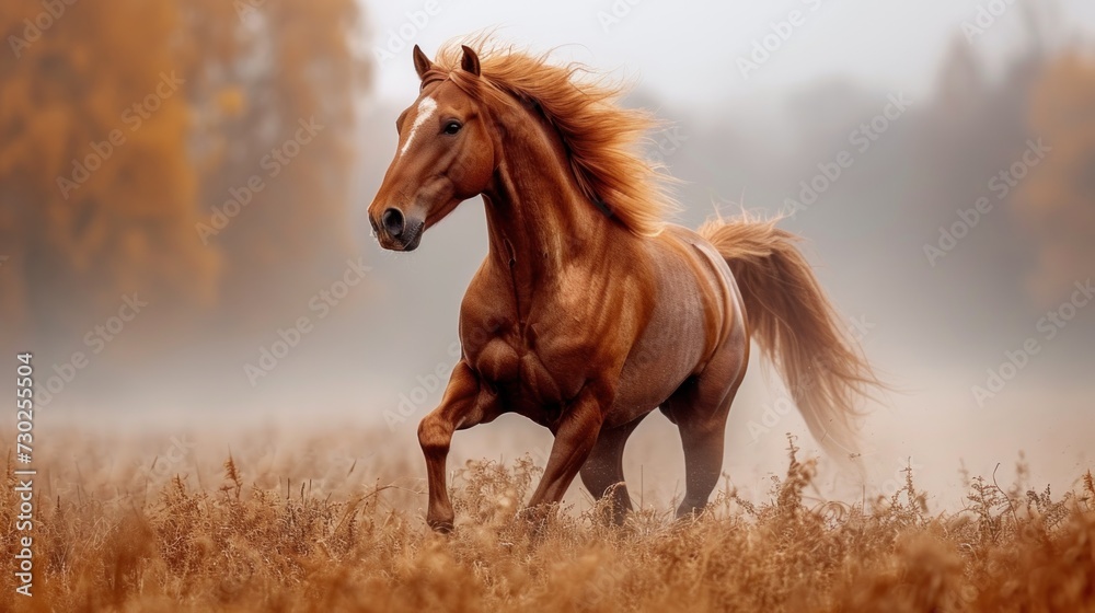 a brown horse running in a field of tall grass with trees in the background and foggy sky in the foreground. a brown horse running in a field of tall grass with trees in the background and foggy sky in the foreground.